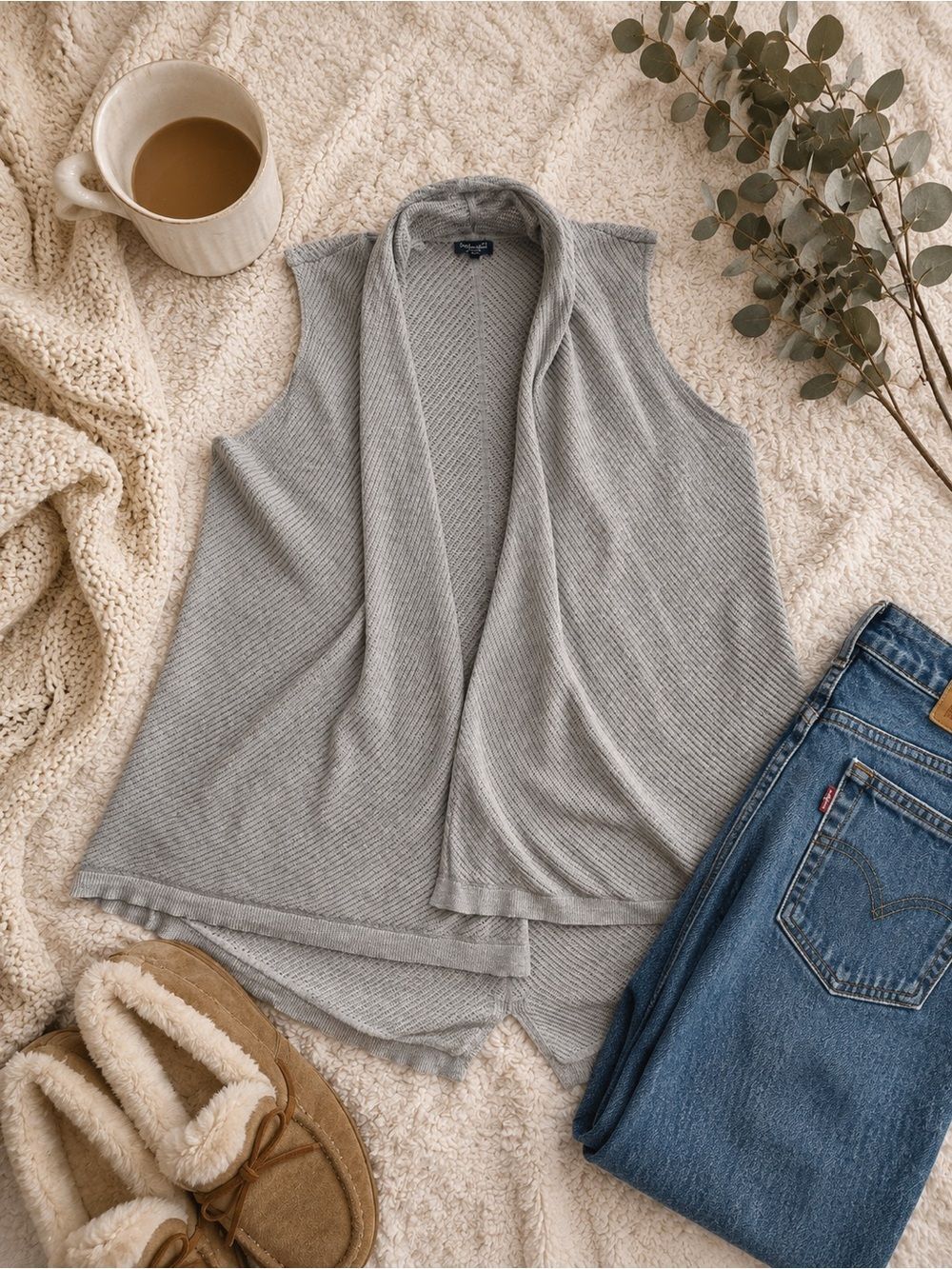 Splendid Gray Knit Vest Open Front Draped Sleeveless XL Cotton Silk Blend